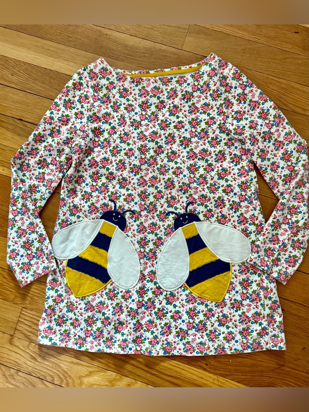 Mini Boden 8-9Y Floral Print Bee Appliqué Pocket Tunic Dress